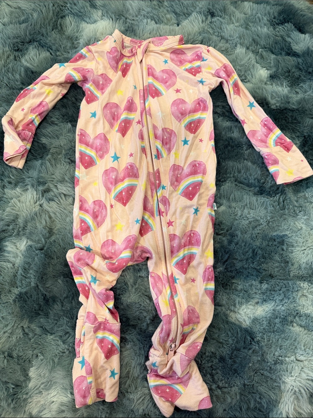 Posh Peanut Pink Heart & Rainbow Footed One-Piece
